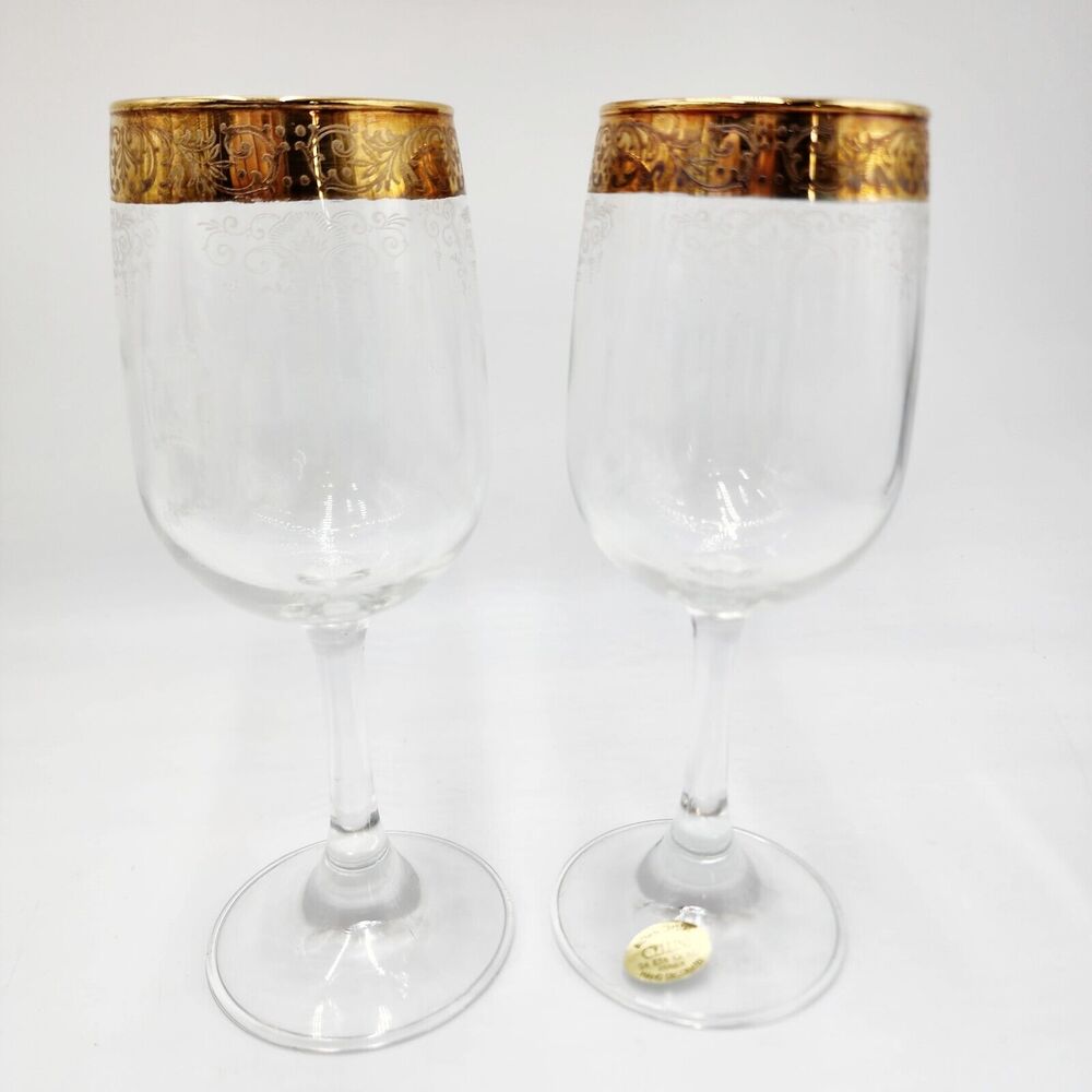 Elegant Cellini Italy Hand Blown Crystal 24 KT Gold Etched 6.5” Wine Glass Set 2